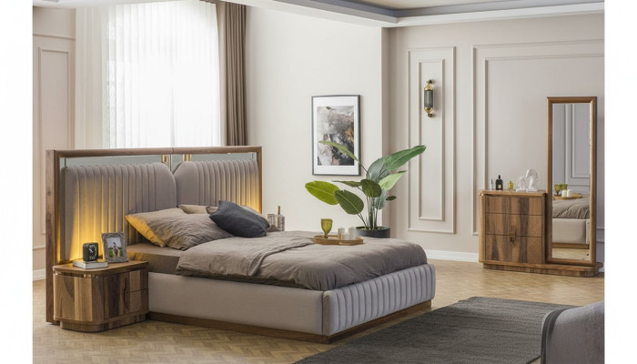 Nowoczesny Zestaw Sypialnia Łóżko + 2x Szafki nocne + Kredens z Lustro Modern