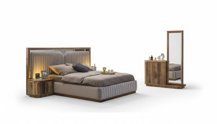 Nowoczesny Zestaw Sypialnia Łóżko + 2x Szafki nocne + Kredens z Lustro Modern