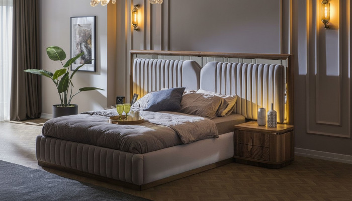 Luksusowy Zestaw Sypialnia Łóżko + 2x Szafki nocne Drewno Kompletny Modern