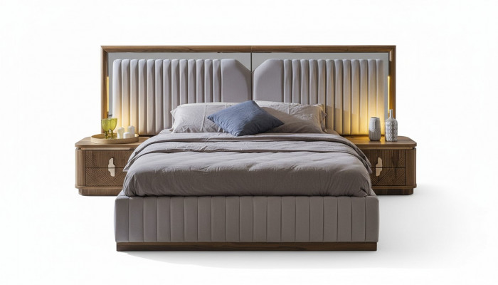 Luksusowy Zestaw Sypialnia Łóżko + 2x Szafki nocne Drewno Kompletny Modern