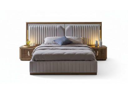 Luksusowy Zestaw Sypialnia Łóżko + 2x Szafki nocne Drewno Kompletny Modern