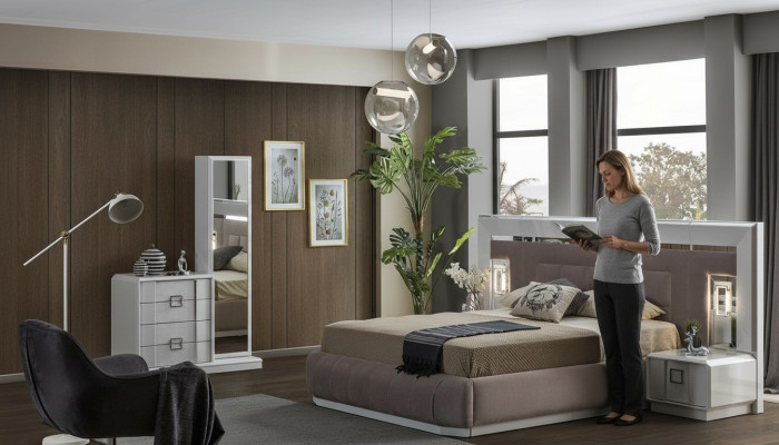 Nowoczesny Zestaw Sypialnia Łóżko + 2x Szafki nocne + Kredens z Lustro Luxury Nowość