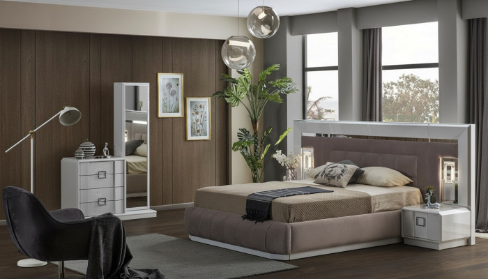 Nowoczesny Zestaw Sypialnia Łóżko + 2x Szafki nocne + Kredens z Lustro Luxury Nowość