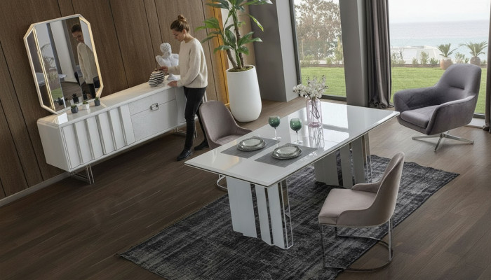 Luksusowy zestaw do jadalni Stół obiadowy + 6x Krzesła + kredens z Lustro Modern Complete