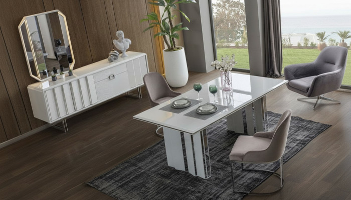 Luksusowy zestaw do jadalni Stół obiadowy + 6x Krzesła + kredens z Lustro Modern Complete
