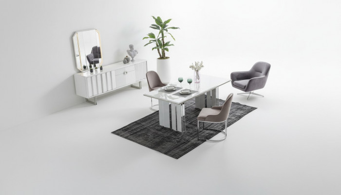 Luksusowy zestaw do jadalni Stół obiadowy + 6x Krzesła + kredens z Lustro Modern Complete
