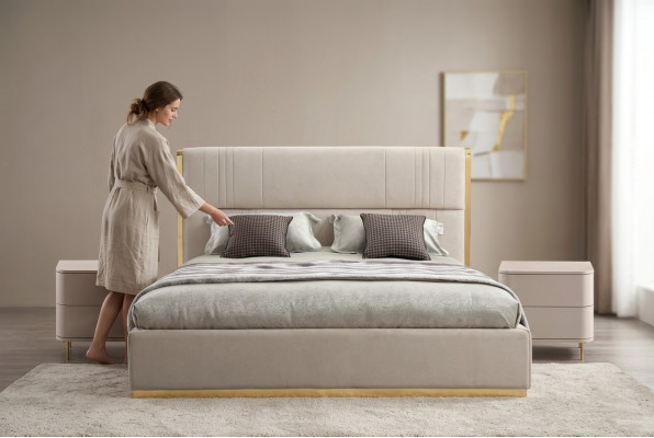Sypialnia Zestaw Łóżko Szare Metal Materiał Design Luksusowe 2x Szafki nocne 3-częściowe. Nowy-
