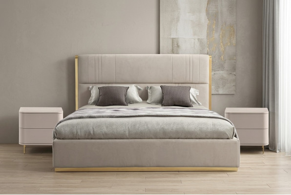 Sypialnia Zestaw Łóżko Szare Metal Materiał Design Luksusowe 2x Szafki nocne 3-częściowe. Nowy-