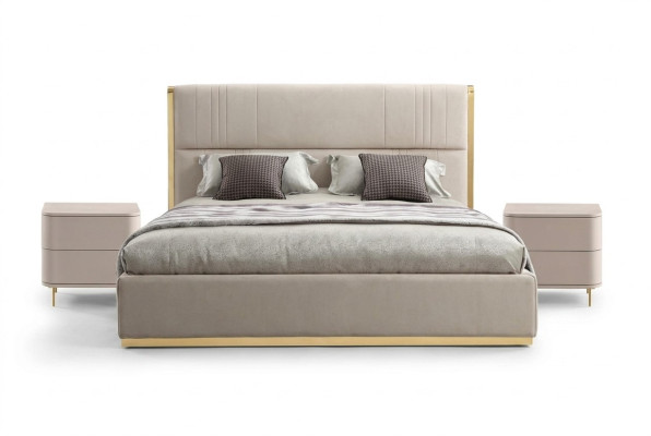 Sypialnia Zestaw Łóżko Szare Metal Materiał Design Luksusowe 2x Szafki nocne 3-częściowe. Nowy-
