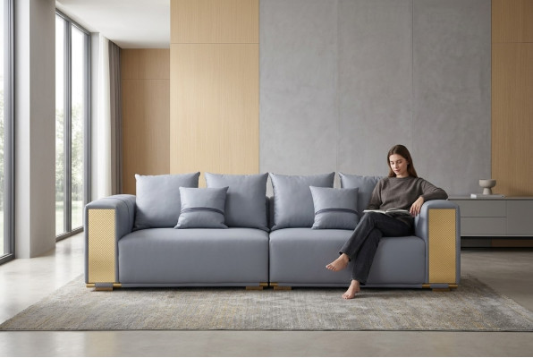 Luksusowa Sofa 4 miejsce do siedzenia Sofa Tapicerowana Niebieska Włókienniczy Siedziba Design Couch Modern New