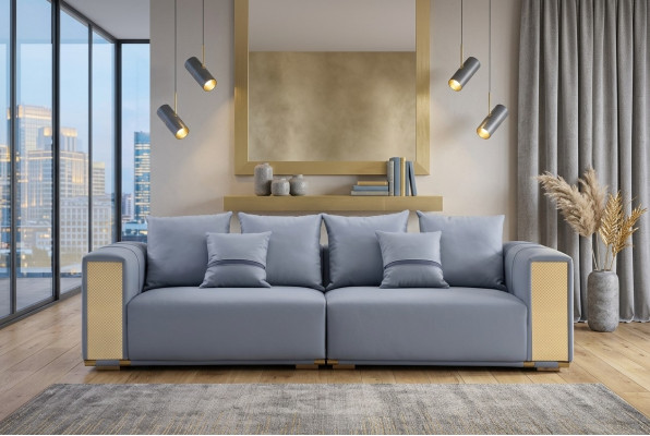 Luksusowa Sofa 4 miejsce do siedzenia Sofa Tapicerowana Niebieska Włókienniczy Siedziba Design Couch Modern New
