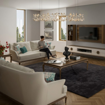 Nowoczesna kompletna 2x trzyosobowa sofa Biały Włókienniczy Salon Design Sofy Kanapa