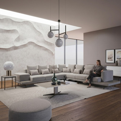 Salon Szare meble tapicerowane kanapa narożnikowa L-Shape Design stolik kawowy Stolik