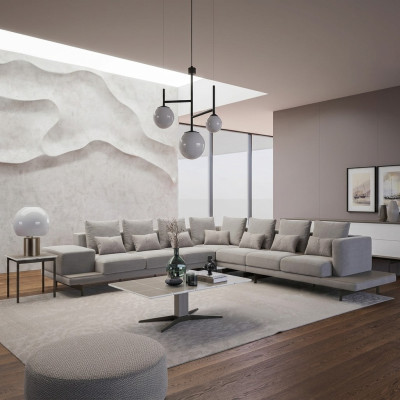 Salon Szare meble tapicerowane kanapa narożnikowa L-Shape Design stolik kawowy Stolik