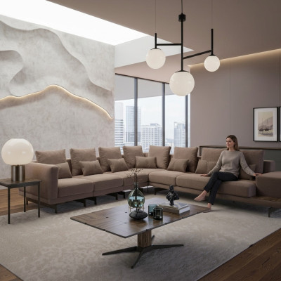 Luksusowa designerska kompletna sofa rozkładana w kształcie litery L Drewno stolik kawowy Nowość
