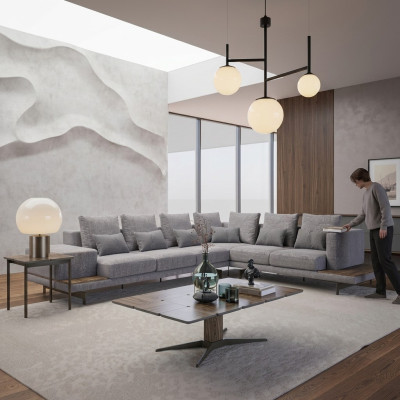 Luksusowa szara sofa tapicerowana w kształcie litery L Drewno stolik kawowy ze Stolik Living Room