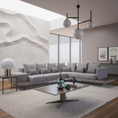 Luksusowa szara sofa tapicerowana w kształcie litery L Drewno stolik kawowy ze Stolik Living Room