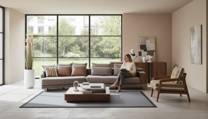 Ekskluzywny komplet wypoczynkowy do salonu materiałowa sofa Drewno stolik kawowy kredens