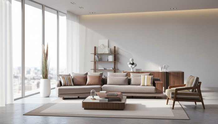 Ekskluzywny komplet wypoczynkowy do salonu materiałowa sofa Drewno stolik kawowy kredens
