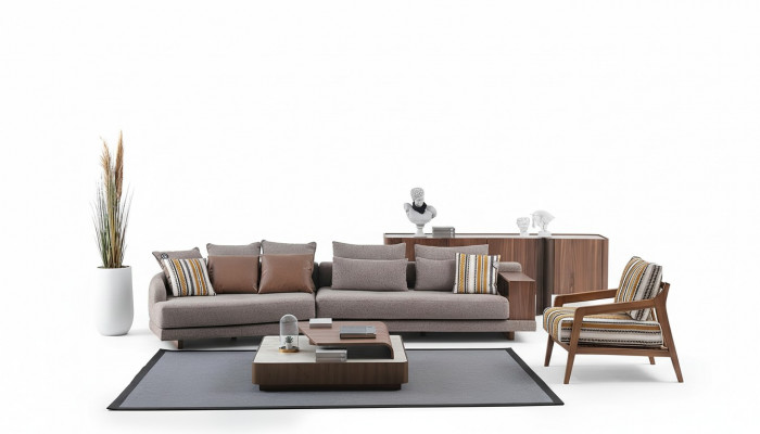 Ekskluzywny komplet wypoczynkowy do salonu materiałowa sofa Drewno stolik kawowy kredens