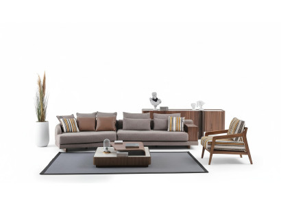 Ekskluzywny komplet wypoczynkowy do salonu materiałowa sofa Drewno stolik kawowy kredens