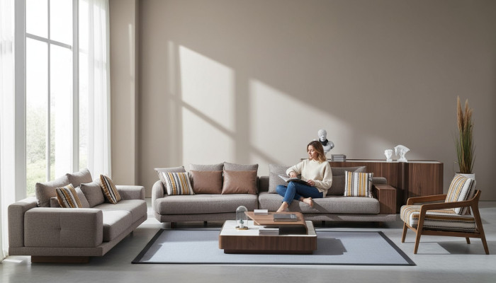 Szare sofy do salonu sofy materiałowe designerskie Fotel Drewno stolik kawowy 5 sztuk.