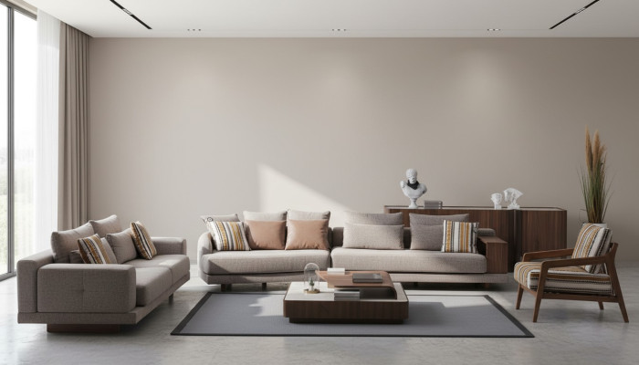 Szare sofy do salonu sofy materiałowe designerskie Fotel Drewno stolik kawowy 5 sztuk.