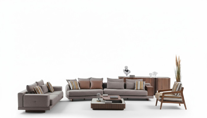 Szare sofy do salonu sofy materiałowe designerskie Fotel Drewno stolik kawowy 5 sztuk.