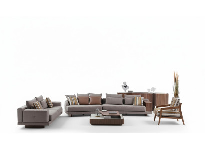 Szare sofy do salonu sofy materiałowe designerskie Fotel Drewno stolik kawowy 5 sztuk.