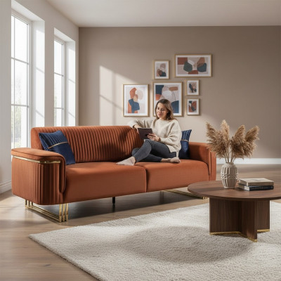Pomarańczowa trzyosobowa luksusowa sofa materiałowa Nowoczesne meble do salonu