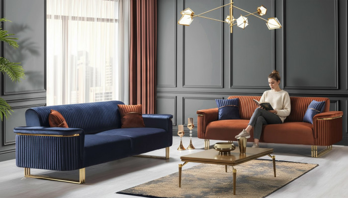 Niebiesko-pomarańczowy zestaw sof do salonu Designerskie sofy materiałowe Nowoczesne meble 2-częściowe