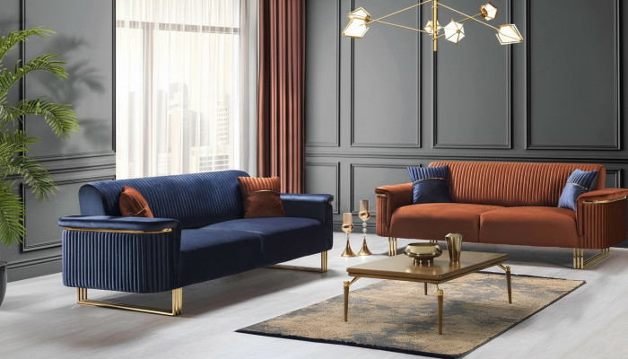 Niebiesko-pomarańczowy zestaw sof do salonu Designerskie sofy materiałowe Nowoczesne meble 2-częściowe