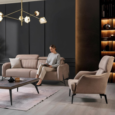 Sofa materiałowa do salonu beżowa Luksusowy Fotel 3-miejsce siedzące jednoosobowa 2-częściowa