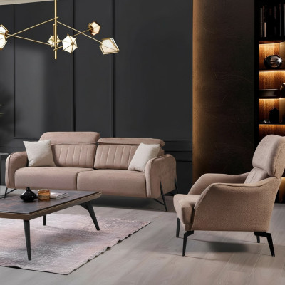 Sofa materiałowa do salonu beżowa Luksusowy Fotel 3-miejsce siedzące jednoosobowa 2-częściowa