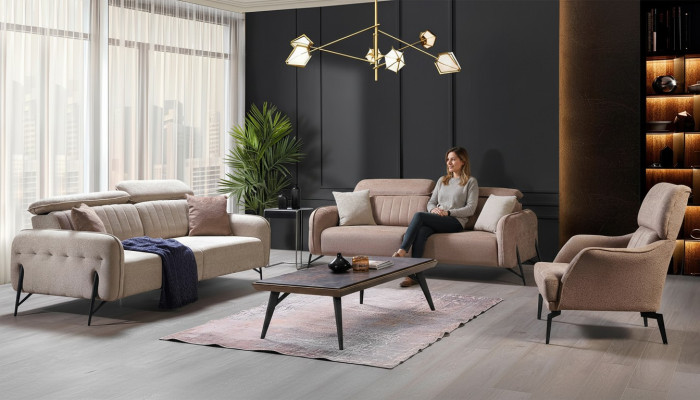 Beżowy salon Zestaw sofowy Designer 2x StoffFotel 3-miejsce siedzące 3szt.