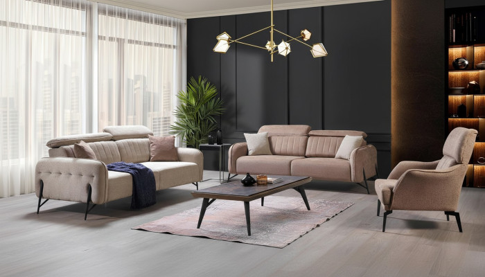 Beżowy salon Zestaw sofowy Designer 2x StoffFotel 3-miejsce siedzące 3szt.