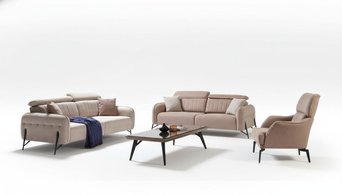 Beżowy salon Zestaw sofowy Designer 2x StoffFotel 3-miejsce siedzące 3szt.