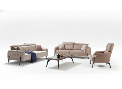 Beżowy salon Zestaw sofowy Designer 2x StoffFotel 3-miejsce siedzące 3szt.