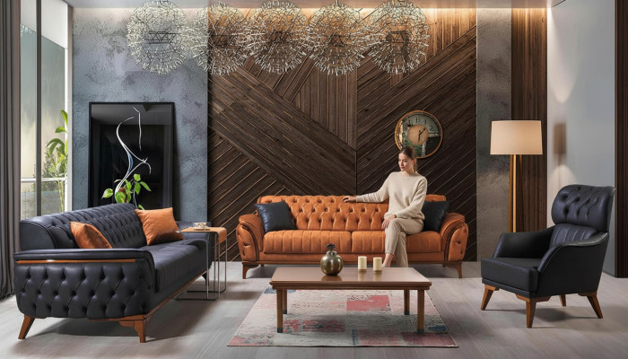 Czarny-Orange Chesterfield Zestaw sofowy do salonu Fotel 4-częściowy