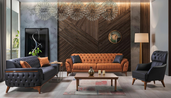 Czarny-Orange Chesterfield Zestaw sofowy do salonu Fotel 4-częściowy
