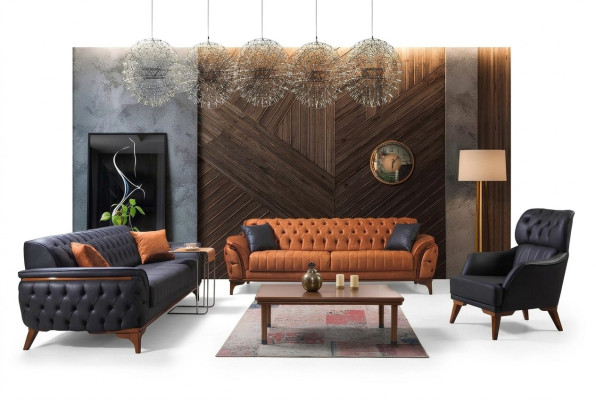 Czarny-Orange Chesterfield Zestaw sofowy do salonu Fotel 4-częściowy