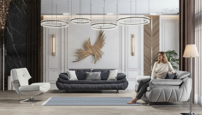 Zestaw do salonu 3 sztuki Czarny Biały 2x sofy z Fotel Modern Design Włókienniczy