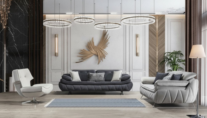 Zestaw do salonu 3 sztuki Czarny Biały 2x sofy z Fotel Modern Design Włókienniczy