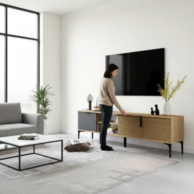 Brązowo-szara Szafka RTV Szafa Nowoczesny Design Prostokątny Salon