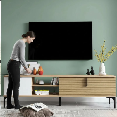 Szafka RTV Nowoczesny Design Luksusowy Salon Prostokątny Brązowy Biały
