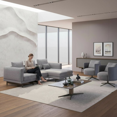 Salon kompletny 4-częściowy 2x Fotel z Narożnikowa kanapa Designerski stolik w kształcie litery L Drewno kawowy