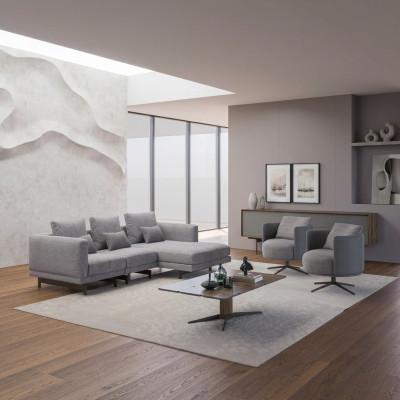 Salon kompletny 4-częściowy 2x Fotel z Narożnikowa kanapa Designerski stolik w kształcie litery L Drewno kawowy