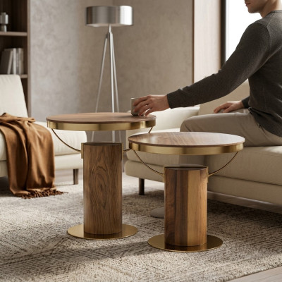 2x Okrągły stolik kawowy do salonu w kolorze brązowym, nowoczesny design