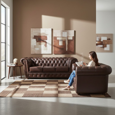 Brązowa sofa trzyosobowa Chesterfield z fotelem ze skóry, nowe meble do salonu.