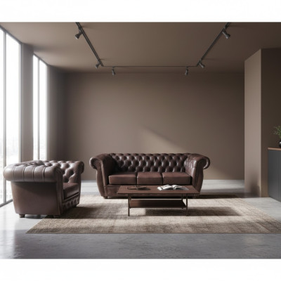 Brązowa sofa trzyosobowa Chesterfield z fotelem ze skóry, nowe meble do salonu.